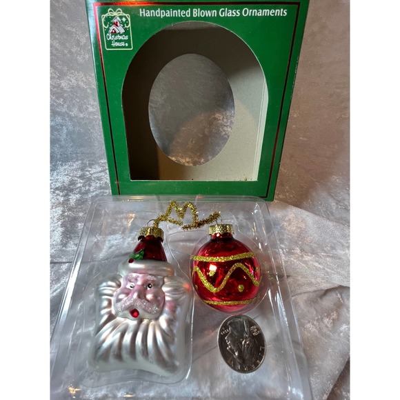 Christmas House Handpainted Blown Glass Ornaments Set of 2 Santa & Red Ball - Picture 4 of 4